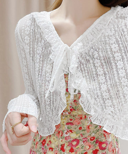 レースボレロカーディガン シアートップス レディース 花柄フリルカーディガン フェミニン 日焼け防止 冷房対策 フロントリボンサマーカーディガン ショート丈春夏服 84WANJIA-017